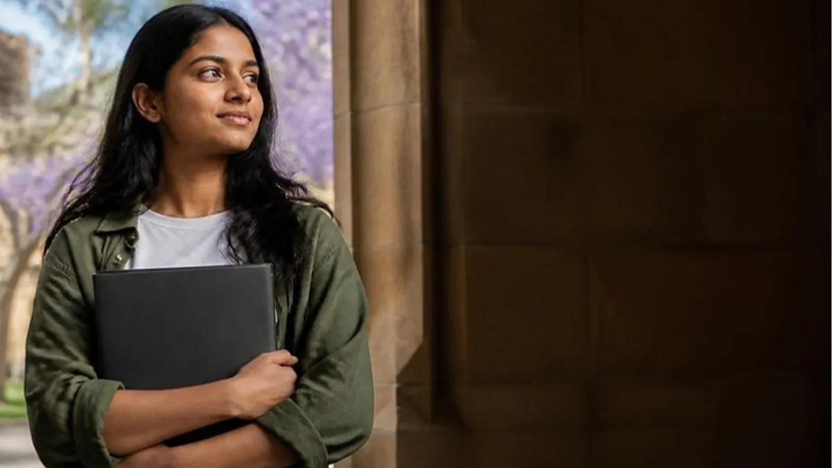 A student holding a folder stands in a sandstone university quadrangle in Australia, reading up on the Tuition Protection Service.