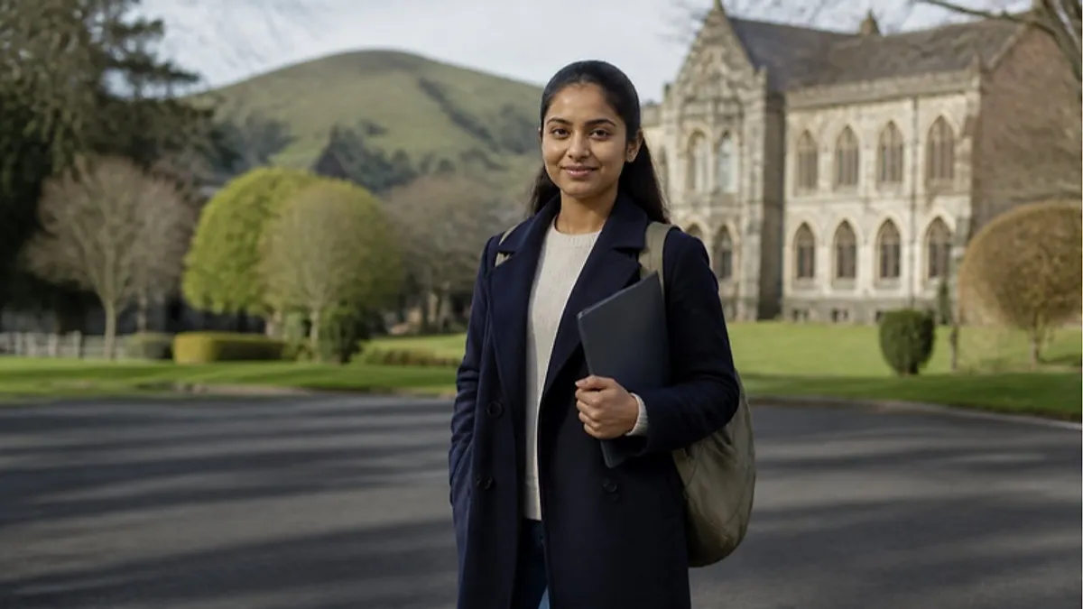 A student in a navy wool coat stands on a New Zealand university campus path with a stone building and green hills behind her, ready for the New Zealand July intake.