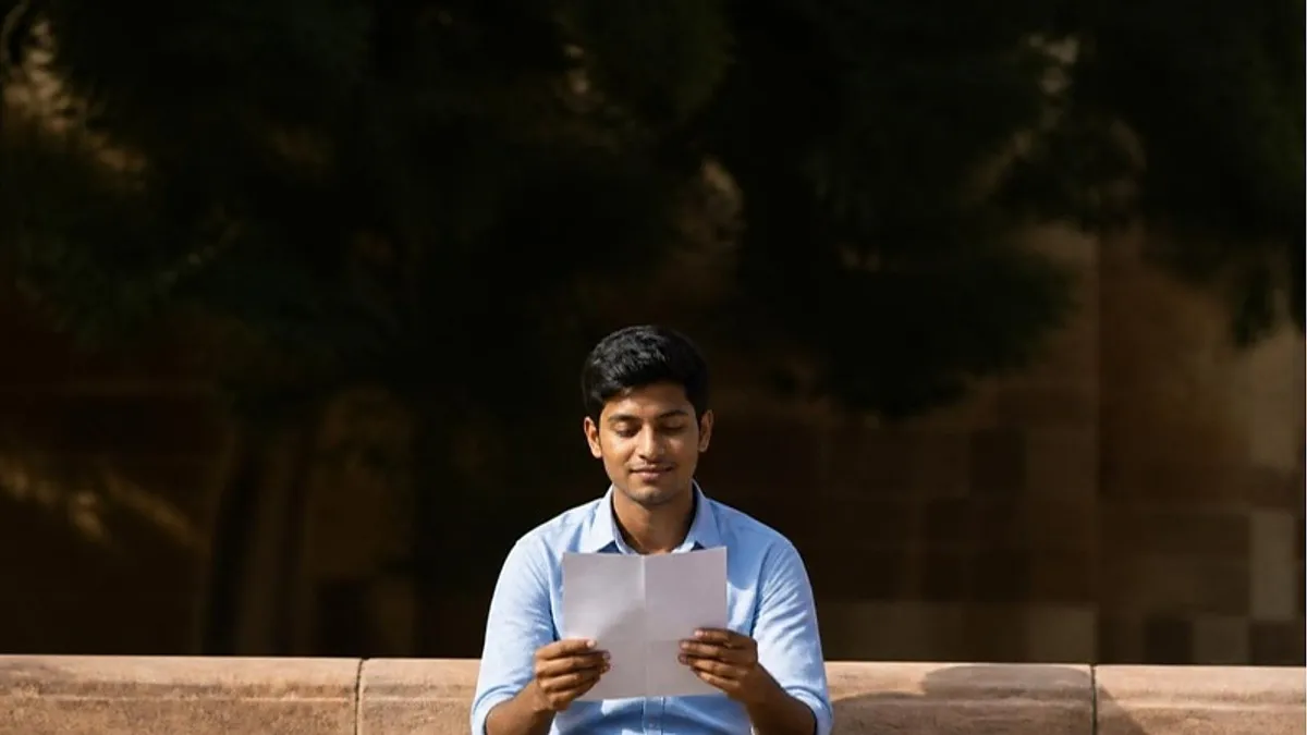 A student reads a printed letter on a sandstone bench at an Australian university, a calm moment after an Australia student visa refusal.