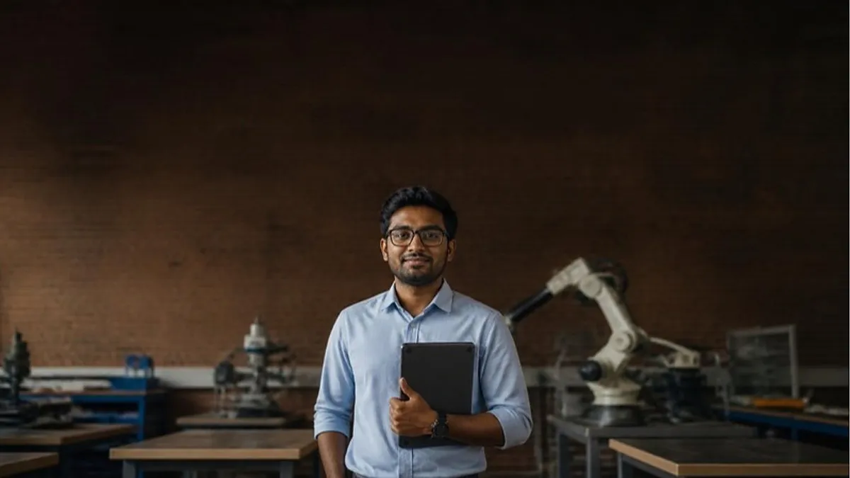 A student holding a tablet stands in a UK university engineering workshop with a red-brick wall and a robotic arm behind him, the setting of an MSc engineering management in the UK.