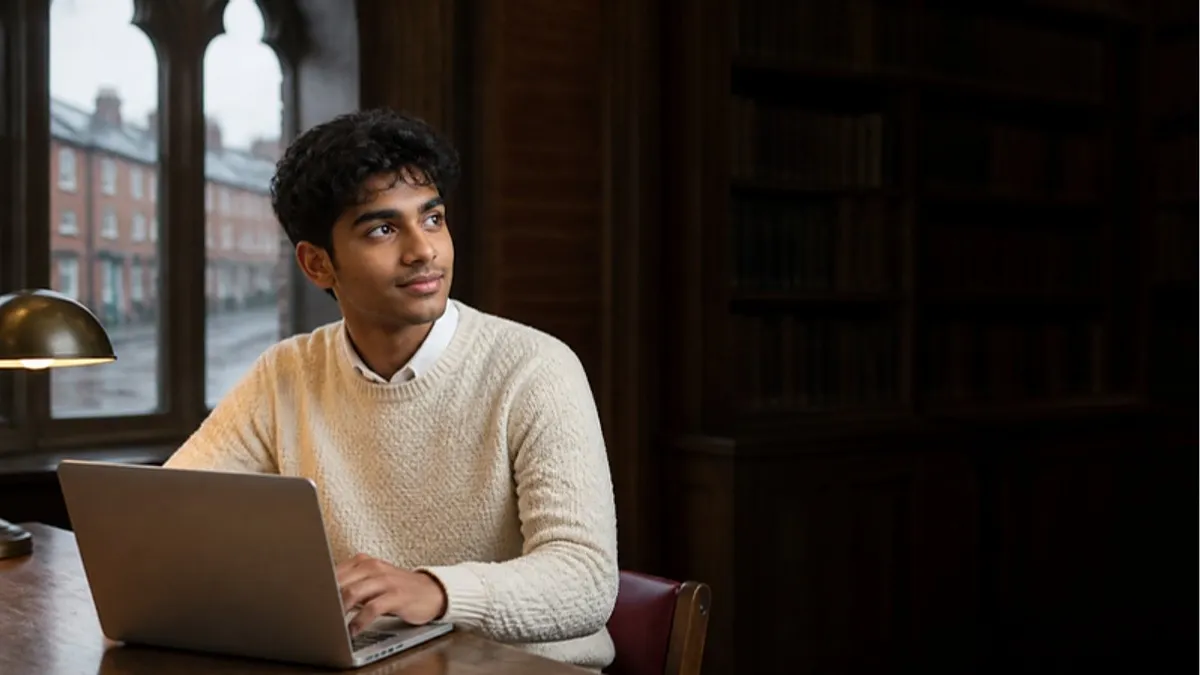 A student with a laptop works through his UCAS application at a table in a red-brick UK university library, with a rain-wet terraced street outside the window.