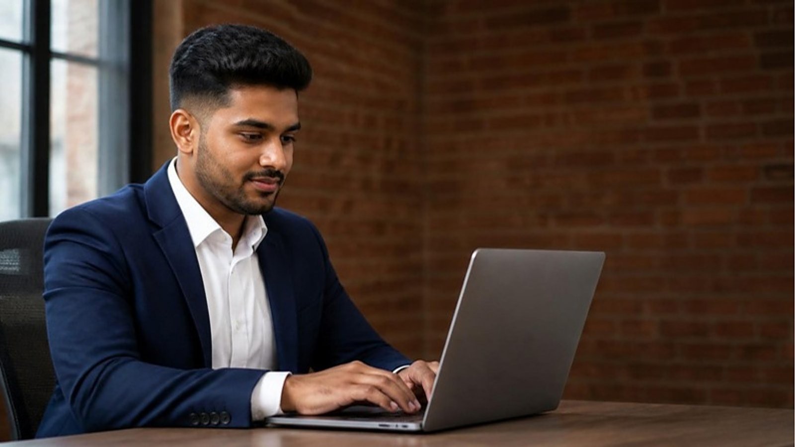 A student in a navy blazer works on a laptop in a UK office with a red-brick wall during his master's with placement year.