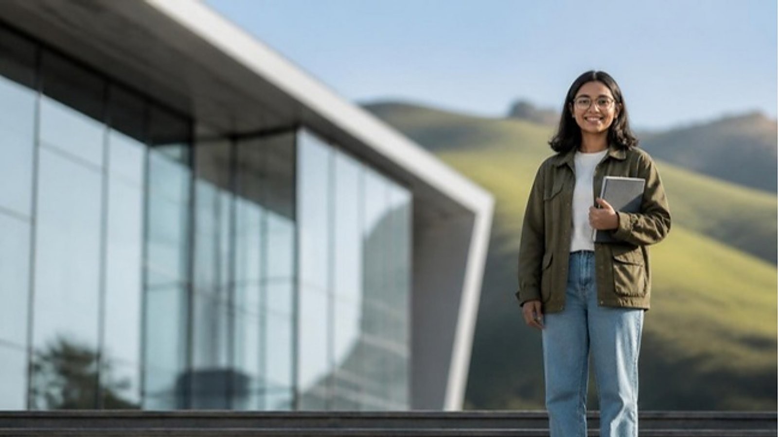 A student in glasses holds a course handbook on the steps of a New Zealand university campus, planning a one-year master's in New Zealand.