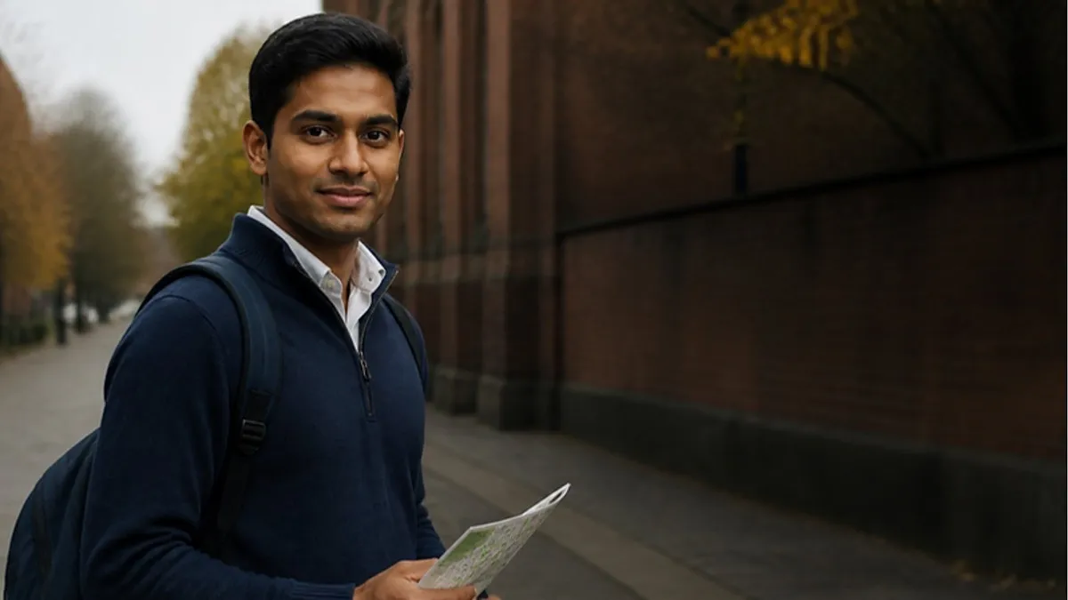 A student with a backpack holds a folded campus map on a red-brick UK campus path in autumn, comparing Staffordshire University campuses.