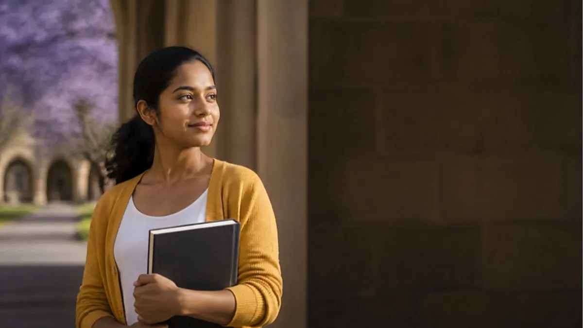 A student holding a notebook stands beside sandstone arches with a jacaranda tree on an Australian university campus, planning for the Australia July intake.