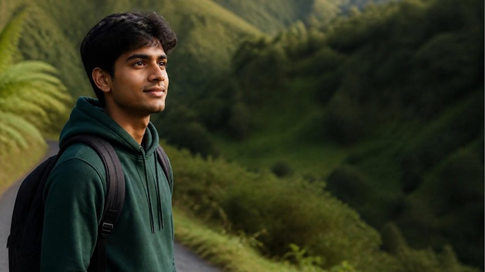 A student in a green hoodie and backpack stands on a New Zealand campus path among green hills and ferns, planning study on a New Zealand Pathway Student Visa.
