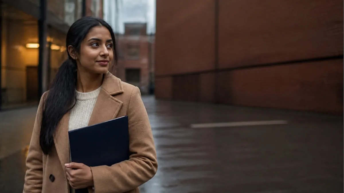 A student in a camel coat holds a navy folder on a rain-wet red-brick campus in Newcastle, weighing up Northumbria University.