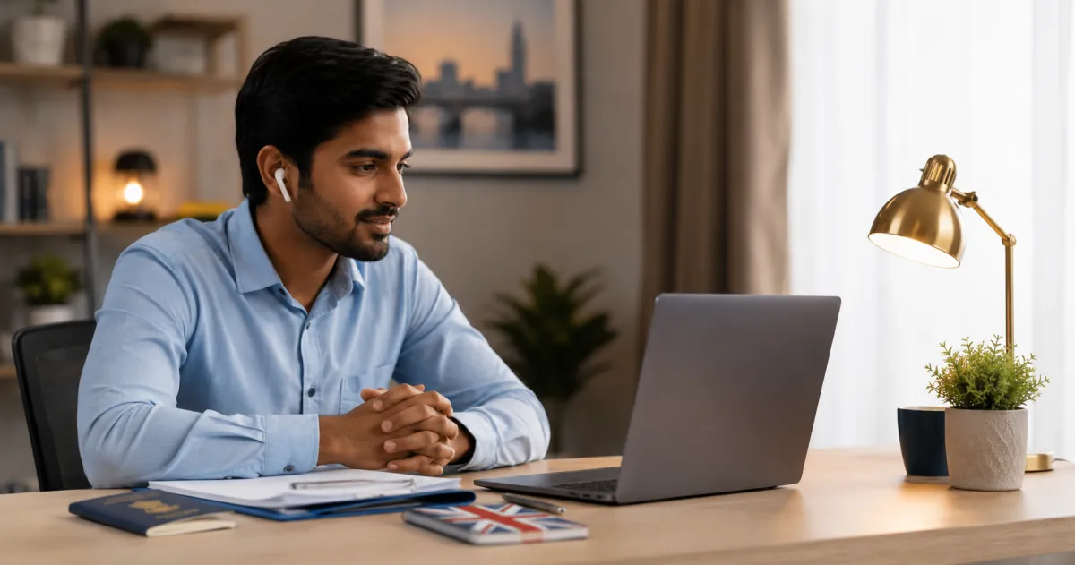 Illustration representing a Sri Lankan student preparing for the UK student visa credibility interview with documents and a laptop