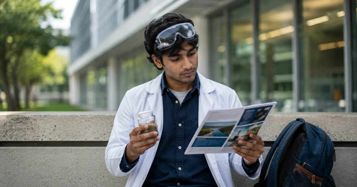 A student comparing UK master's degree brochures for environmental management, sustainability, and renewable energy courses