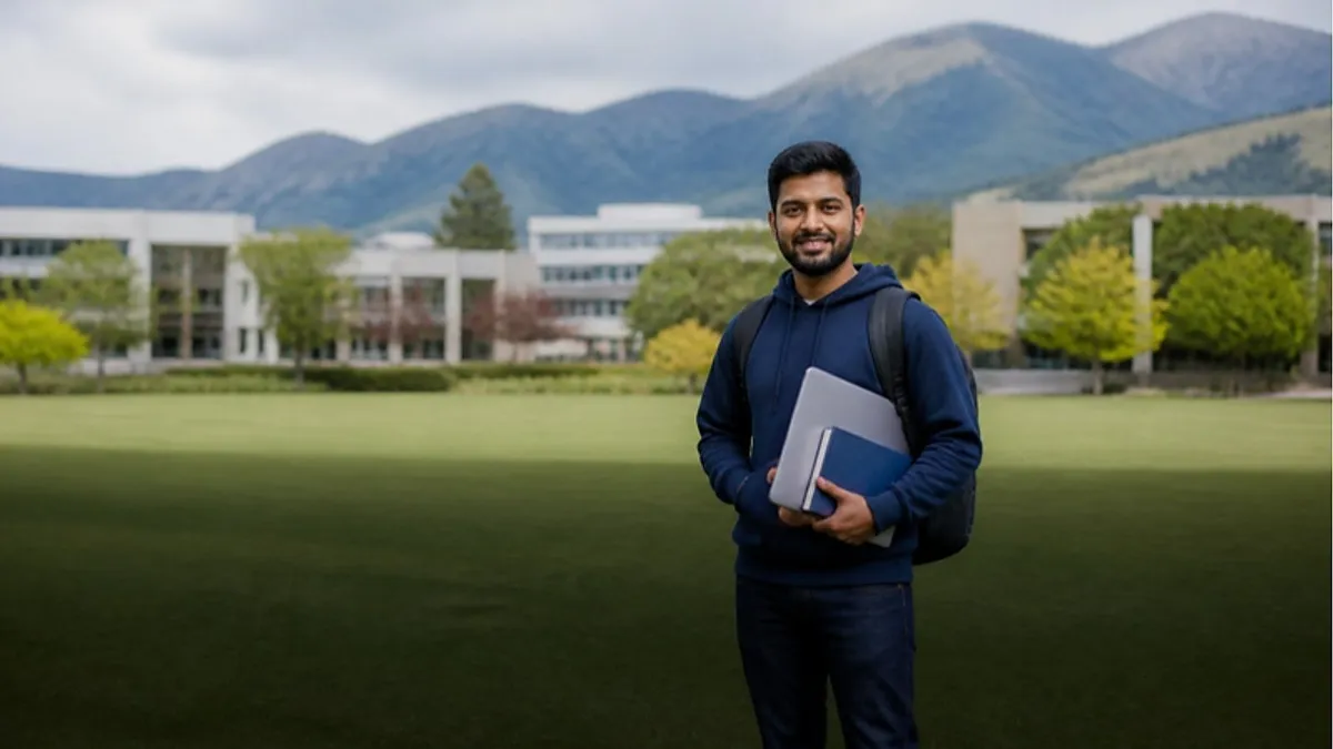A student with a laptop and course handbook stands on a green campus lawn below the hills in New Zealand, choosing a Massey University campus for their subject.