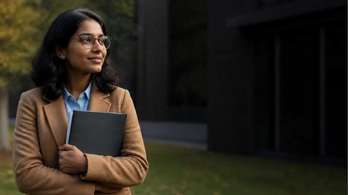 A postgraduate student in a camel coat holds a folder outside a modern campus building in autumn, planning her application to the University of Hertfordshire.