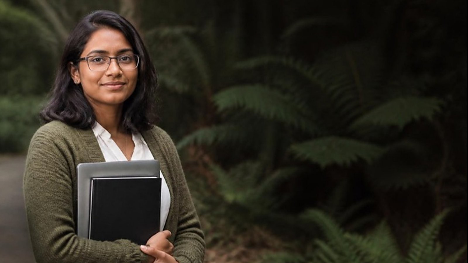 A doctoral student in glasses and an olive cardigan holds a notebook and laptop on a New Zealand campus path lined with tree ferns, ready to start a PhD in New Zealand as an international student.