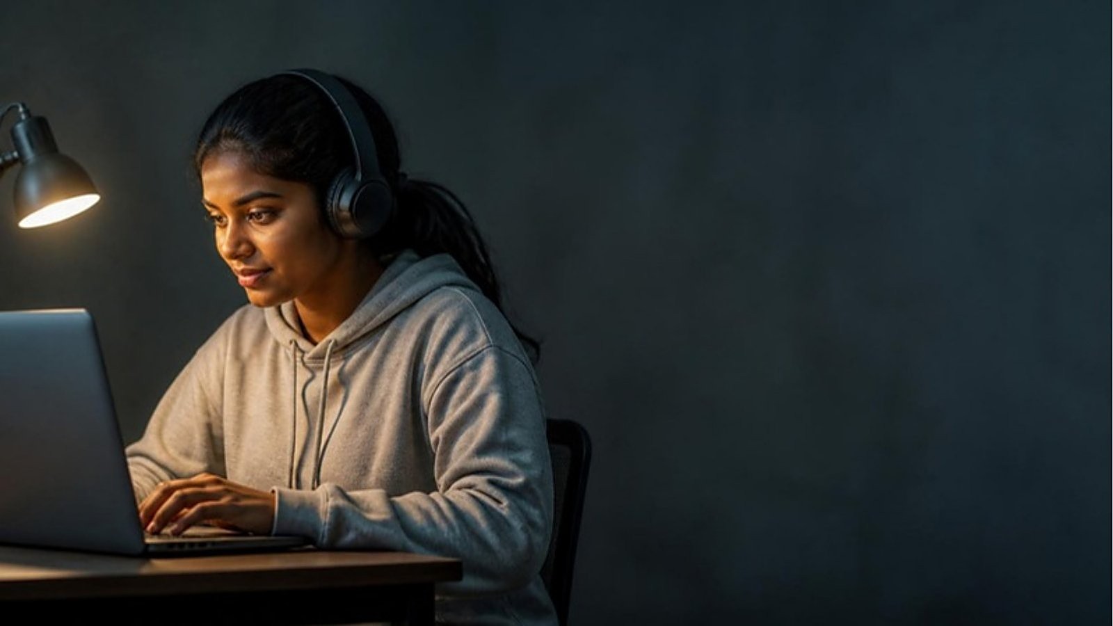 A student wearing headphones takes the Duolingo English Test on a laptop at home, checking which UK universities accept it.