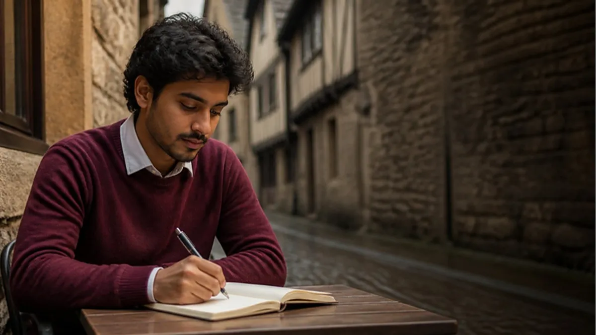 A student writes in a notebook at a café table on a historic stone street in York, planning his application to York St John University.