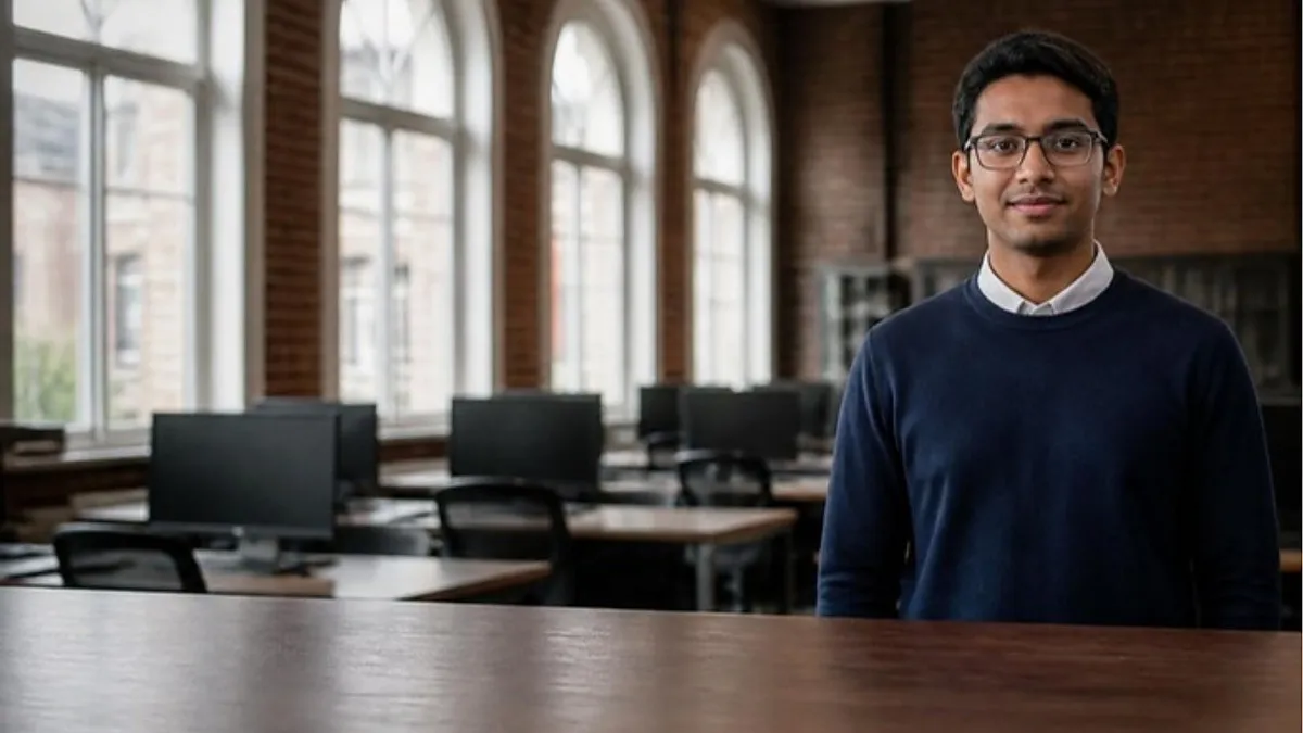 A postgraduate student in glasses and a navy jumper stands in a red-brick UK university computing lab, weighing which MSc Artificial Intelligence in the UK fits his degree.
