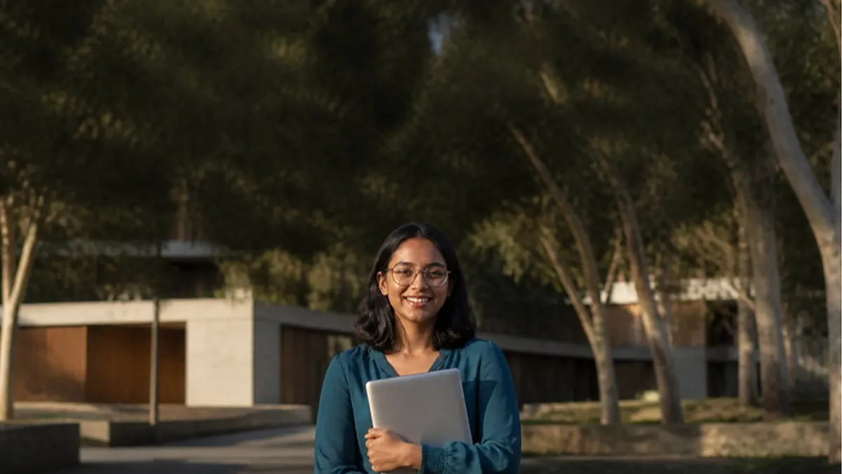 A student in glasses holds a laptop and smiles among eucalyptus trees on a Canberra campus, considering the University of Canberra.