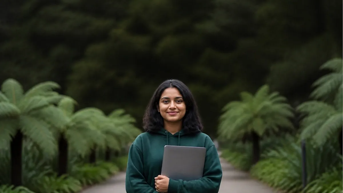 A student in a green hoodie holds a laptop and smiles on a campus path lined with tree ferns in New Zealand, planning a Master of Information Technology in New Zealand.