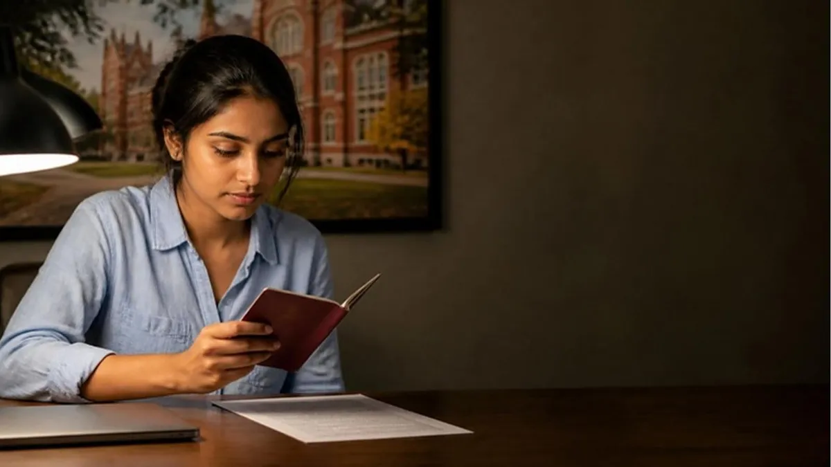 A student at a desk at home checks her passport against a letter under a framed photo of a UK university, working through how to apply for a UK student visa.