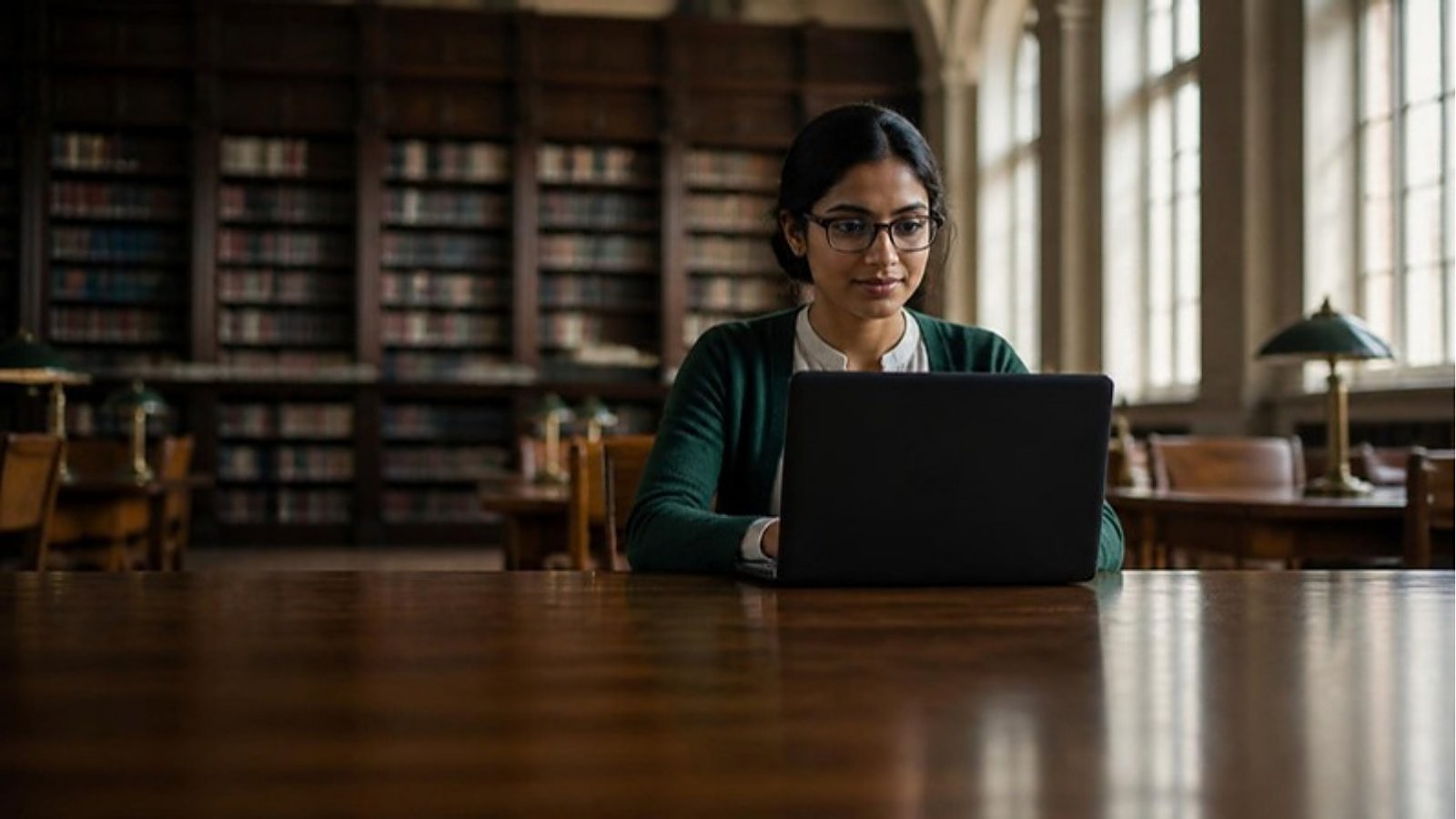 A student in glasses types on a laptop in an old UK university library with arched windows, studying on a computer science conversion master's in the UK.