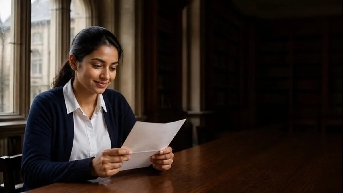 A student reads a printed letter at a table in a UK university library with arched windows, checking whether she can change course on a UK Student visa.