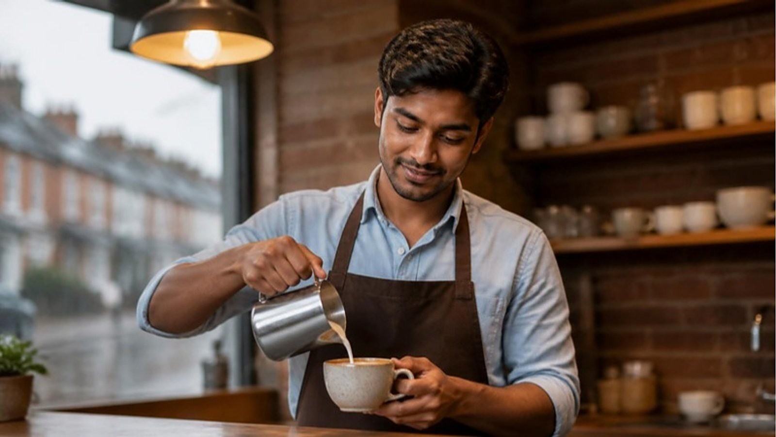 A student barista pours milk into a coffee in a UK café, working part time within the UK student visa work hours.
