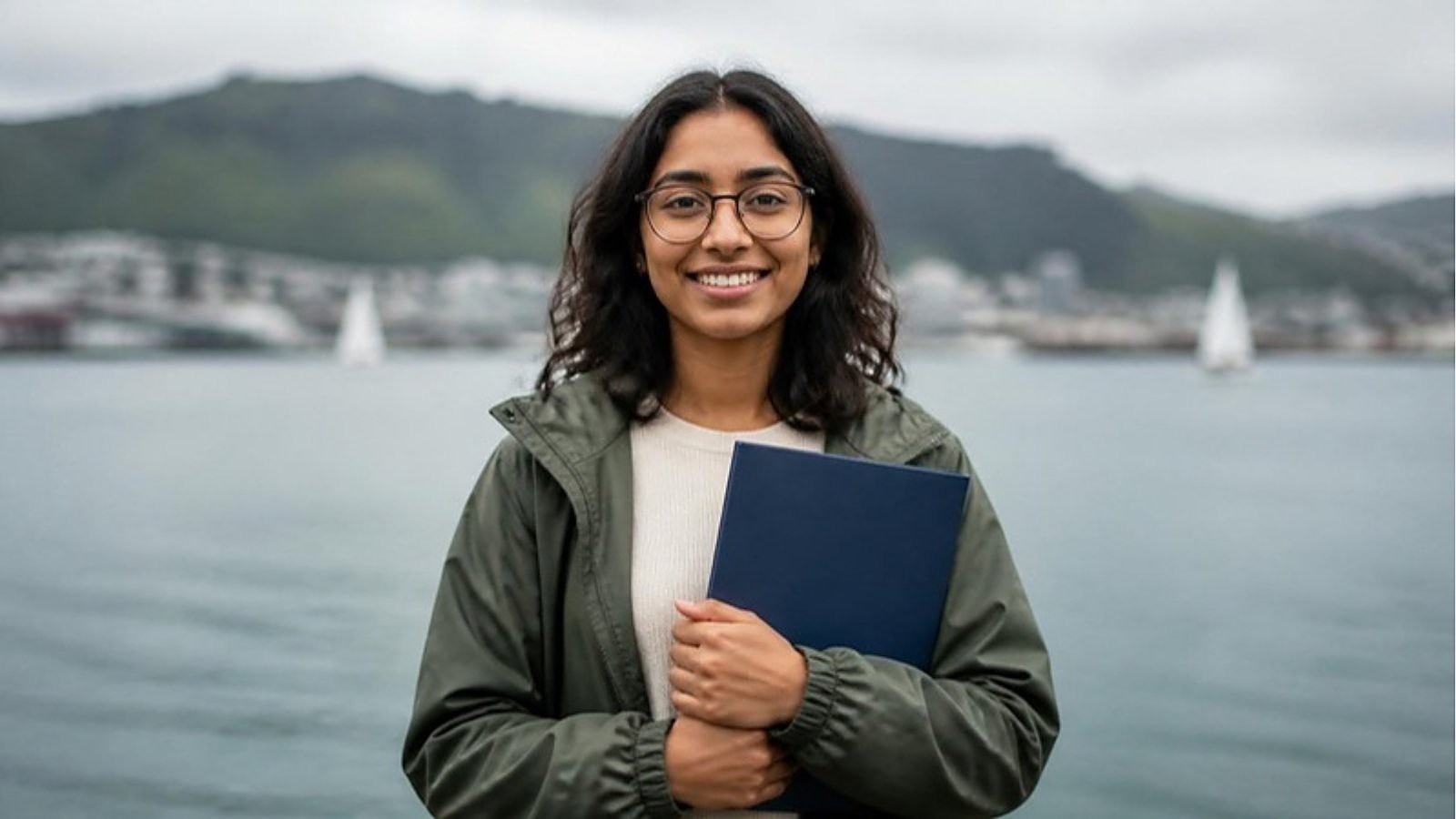 A student in glasses holds a folder on the Wellington waterfront, planning her study around New Zealand qualification levels.