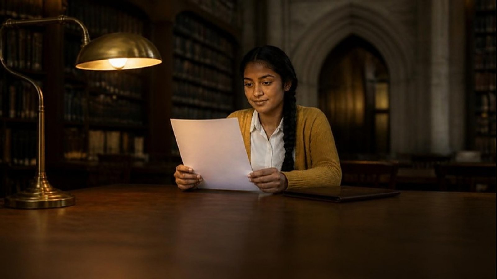A student reads a university letter at a lamp-lit table in an old UK university library, checking how to study in the UK without IELTS.