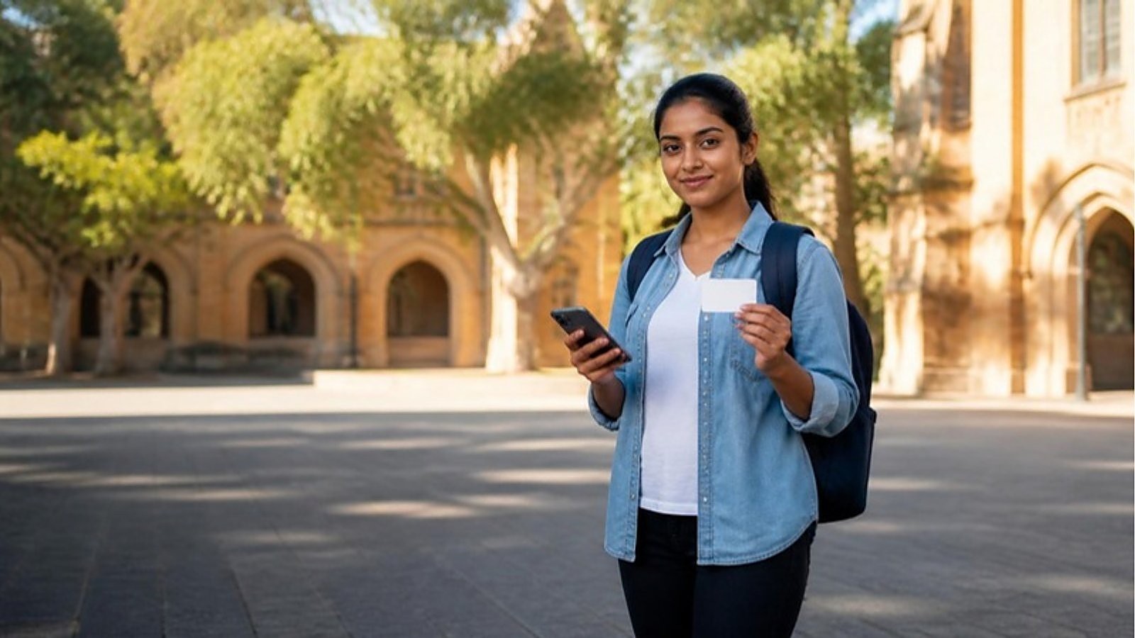 A student holds a phone and a plain card on a sandstone Australian university campus, checking her OSHC for an Australia student visa.