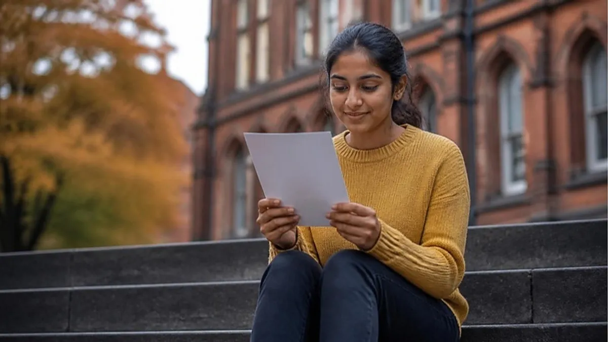 A student sits on the stone steps of a red-brick UK campus in autumn reading her offer letter, weighing a conditional vs unconditional offer in the UK.