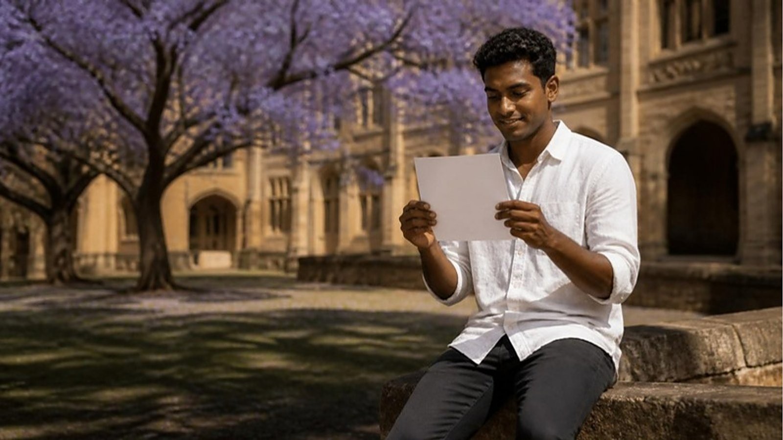 A student sits on a sandstone wall under jacaranda trees on an Australian campus, reading his confirmation of enrolment for Australia.