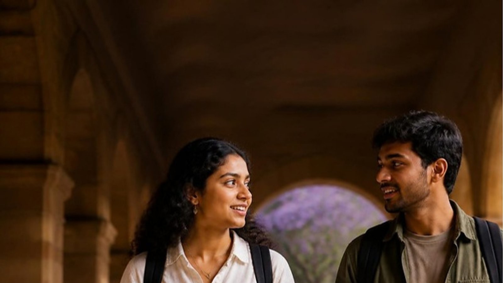 Two students walk and talk through a sandstone colonnade on an Australian university campus with jacaranda in bloom, illustrating Australia's national planning level for new international students.