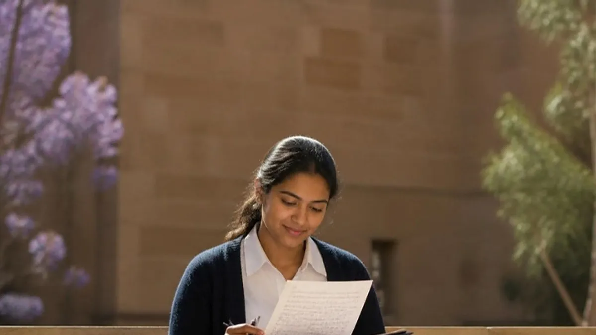 A student reads over her handwritten answers with a navy folder on a sandstone bench in an Australian university quadrangle, preparing for the genuine student requirement Australia uses for student visas.
