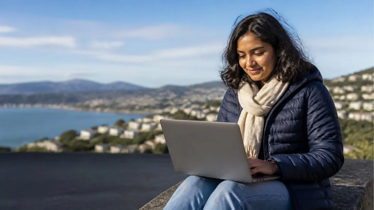 A student types on a laptop on a hillside campus ledge above Wellington harbour, applying to Victoria University of Wellington.