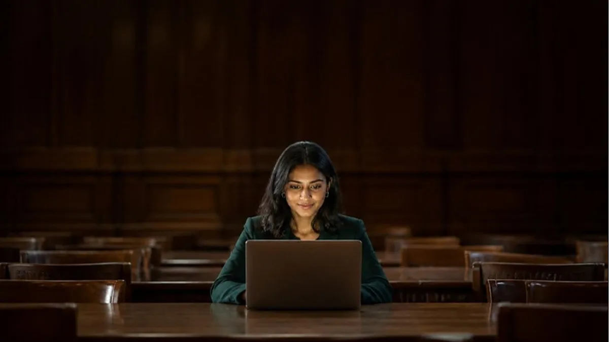 A graduate works on her laptop at a long table in a UK university library, preparing to apply for the UK Graduate visa.