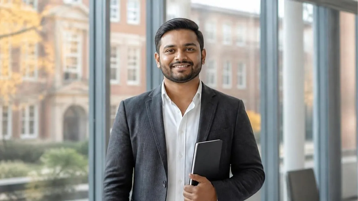 A professional in a charcoal blazer holding a notebook smiles in a UK business school atrium, considering an MBA in the UK for international students.