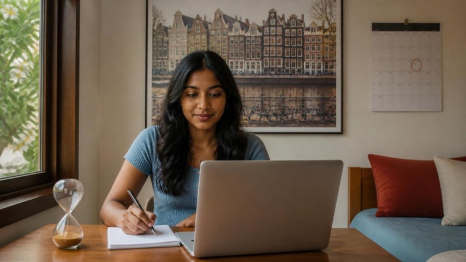 Sri Lankan student planning a Netherlands application at a desk beneath a poster of Dutch canal houses, with a calendar open beside the laptop.
