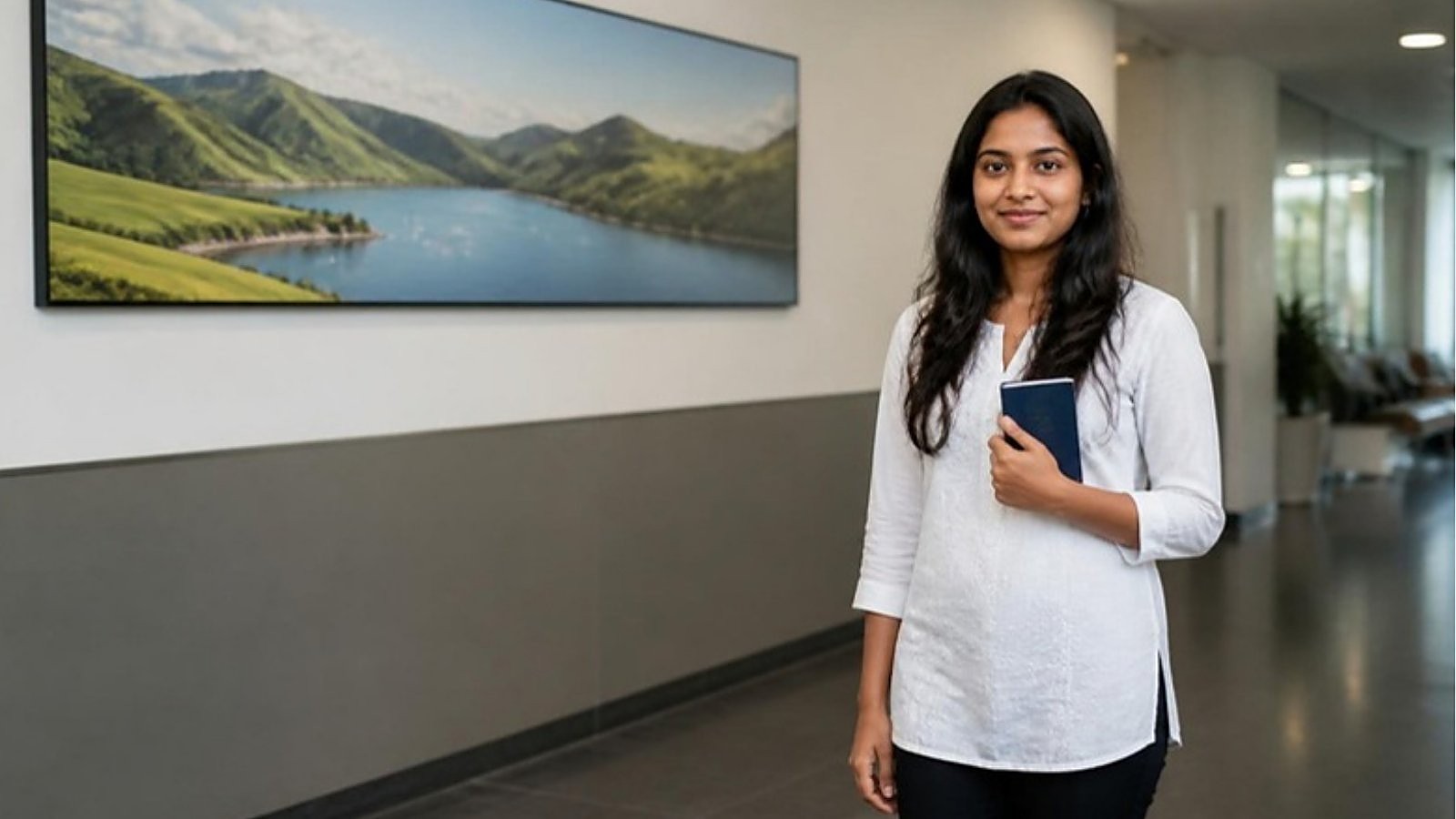 A student holds her passport in a clinic corridor beside a large photograph of New Zealand hills, ready for her New Zealand student visa chest X-ray.