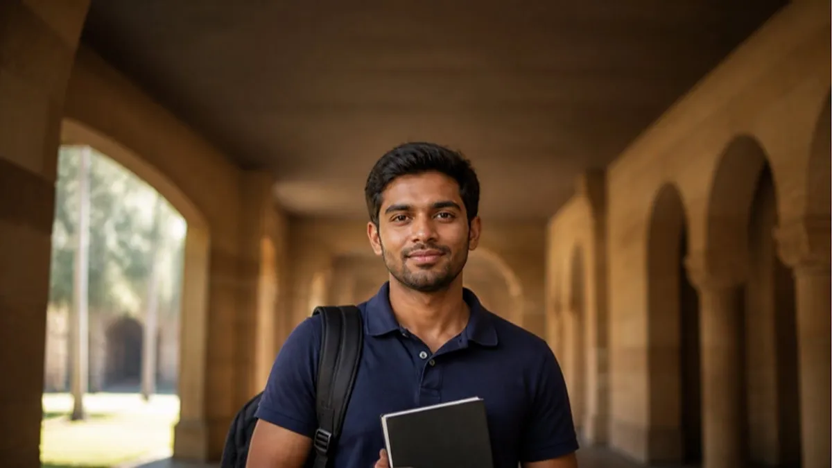 A student in a navy polo shirt holds a notebook in a sandstone colonnade on an Australian university campus, weighing up Australia tuition fees for international students.