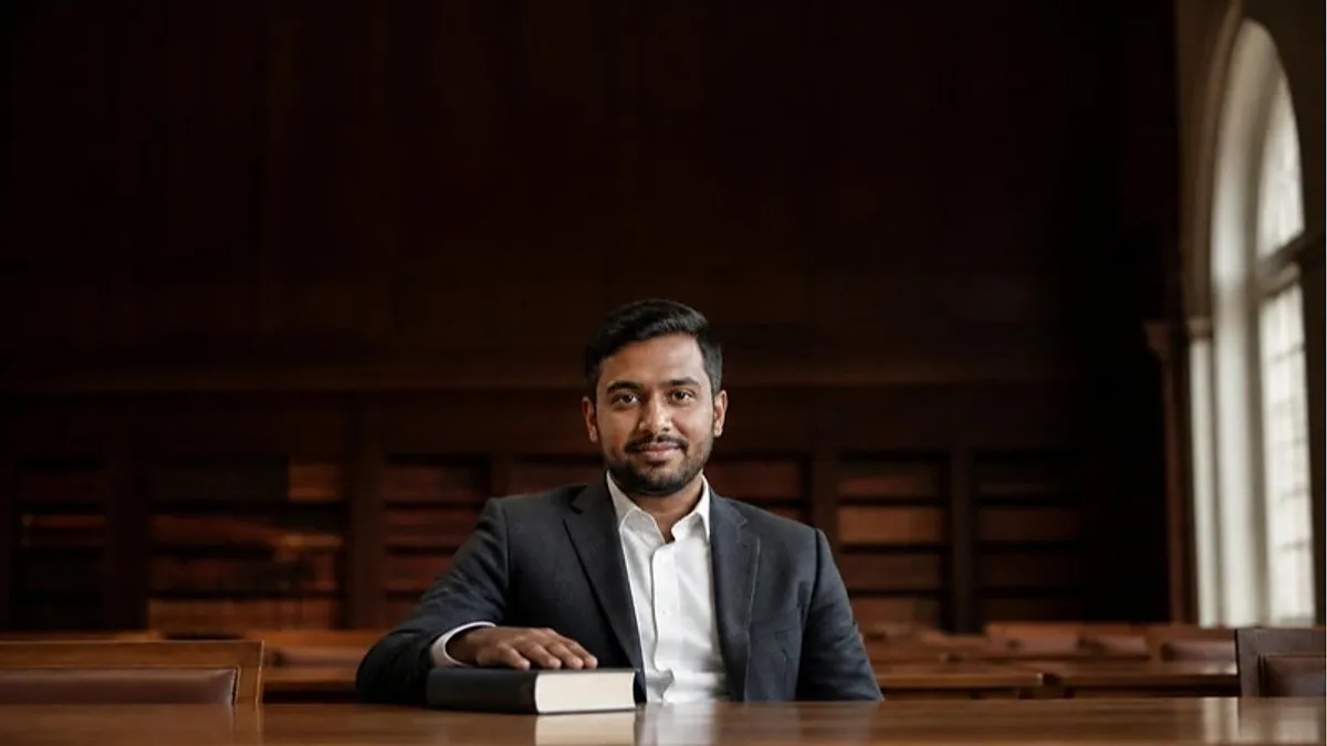 A law graduate in a charcoal blazer sits with a law book in a UK university law library, considering an LLM in the UK.