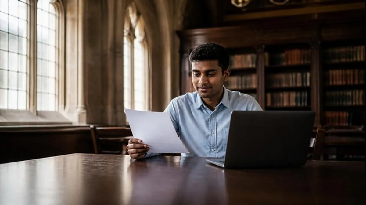 A student reads an offer letter at a library table in a UK university, checking the terms of his UK university deposit.