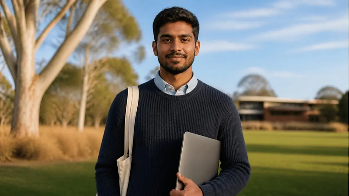 A student holding a laptop smiles at the camera on a sunlit lawn lined with eucalyptus trees at a Charles Sturt University regional campus in Australia.