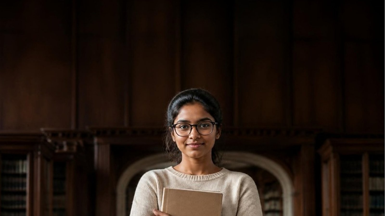 A student in glasses holds her study notebook and smiles in a traditional UK university library, reading up on the new UK HOELT English test.