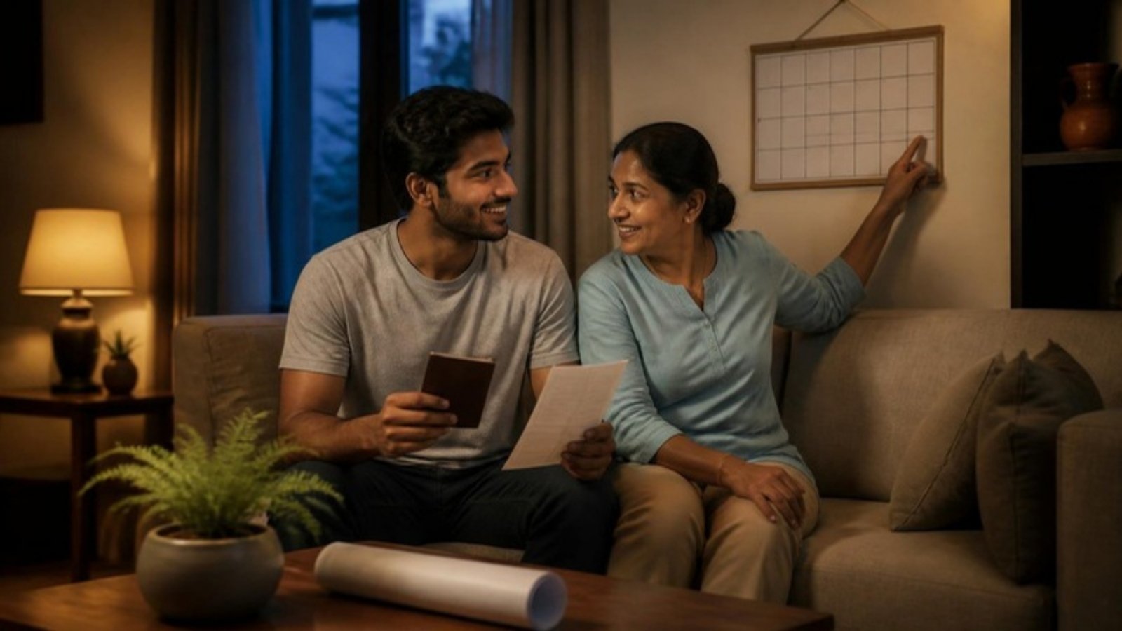 A young man and his mother in Colombo plan the New Zealand February intake from Sri Lanka against a wall calendar, passport in hand.