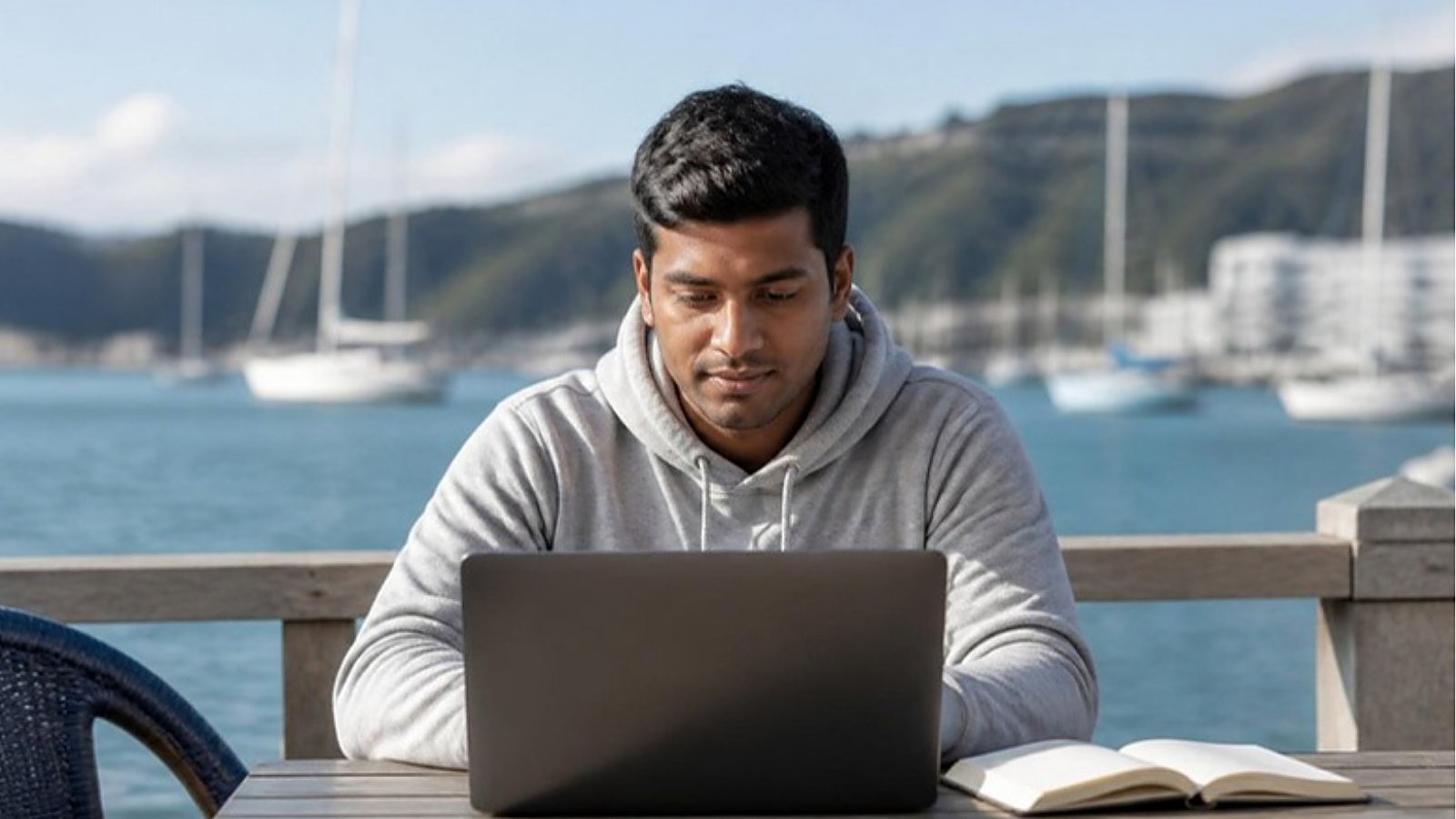 A student in a grey hoodie works on his laptop at a waterfront table beside a New Zealand marina, planning his New Zealand student visa funds.