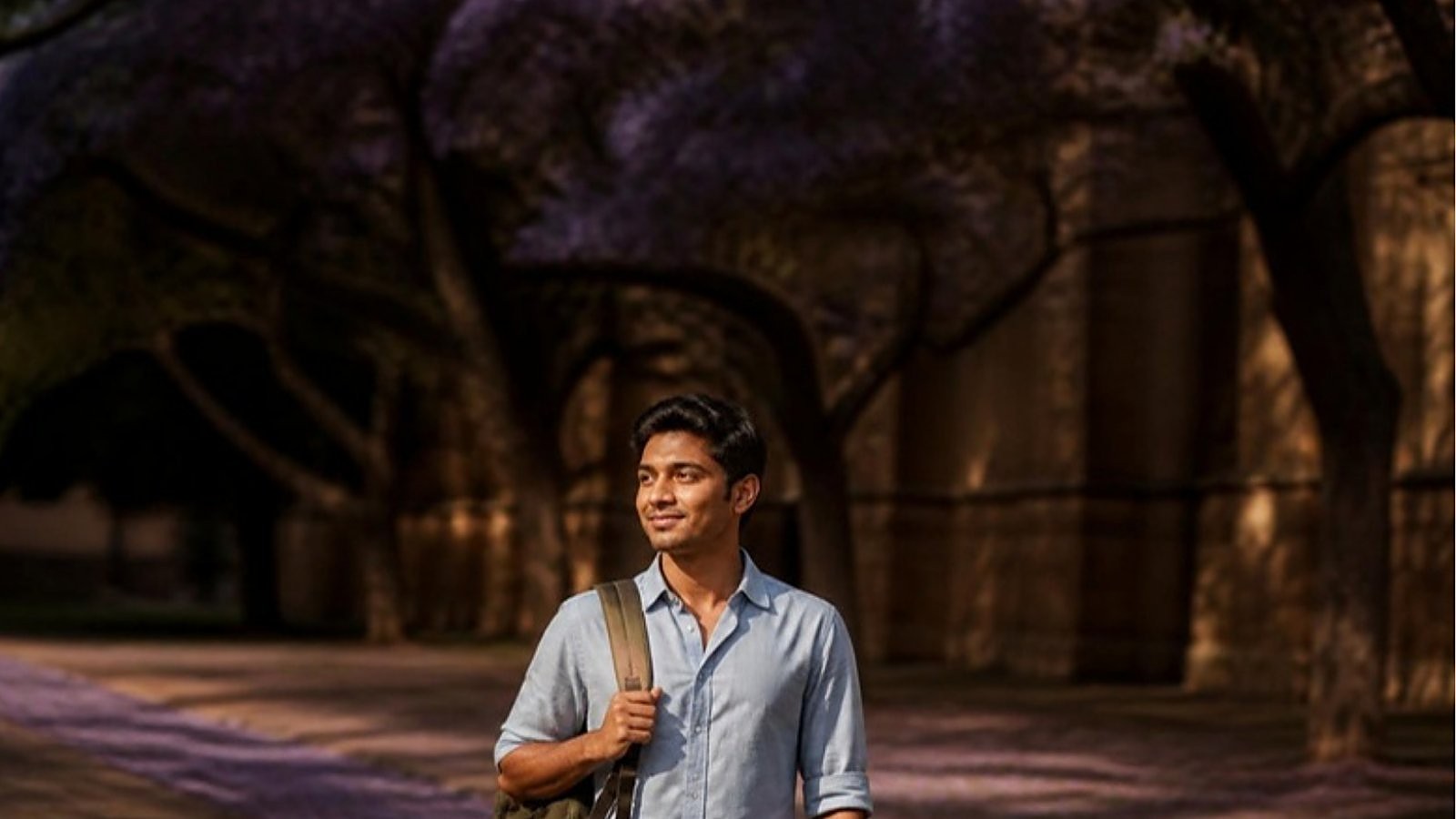 A graduate with a canvas backpack walks through a sandstone university quad under jacaranda trees, thinking about the Australia Temporary Graduate visa 485.