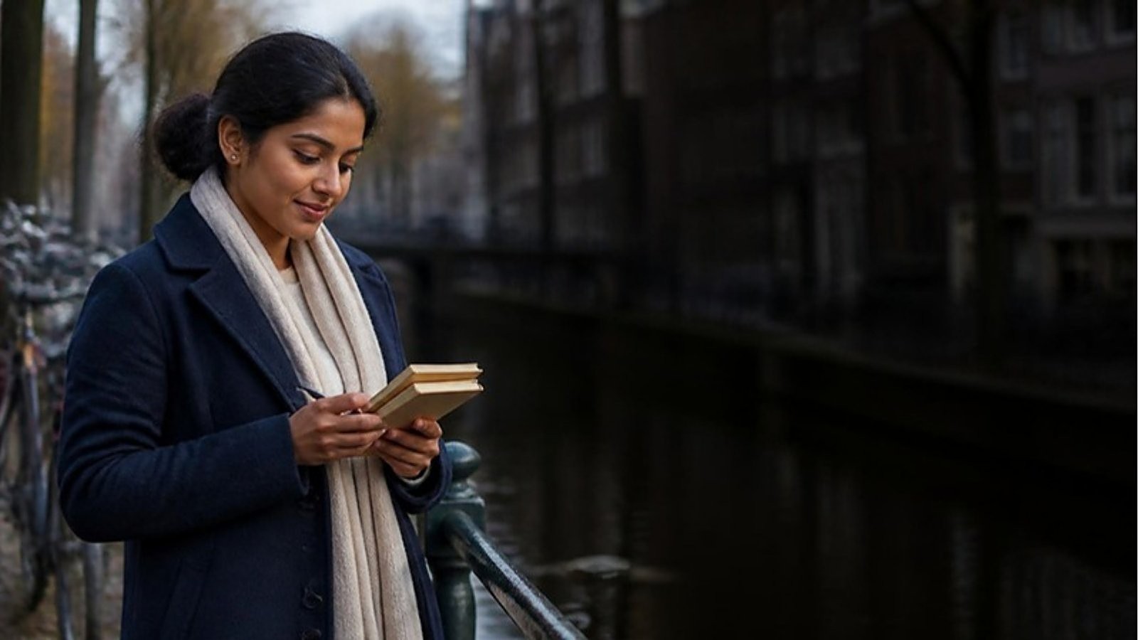 A master's student in a navy coat and cream scarf checks her notebook beside an Amsterdam canal lined with bicycles, planning around the Netherlands February intake deadlines.