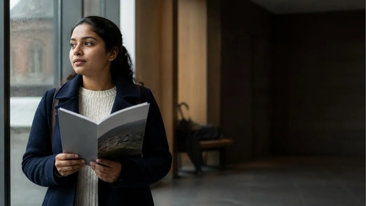 A postgraduate student reads a course brochure in a rainy business school atrium while weighing an MSc Finance in the UK.