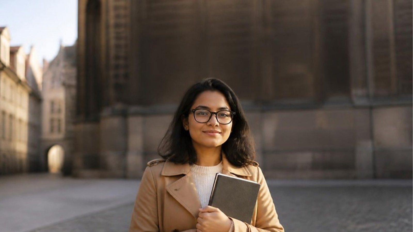 A graduate in glasses and a camel coat holds a notebook in a historic European university square, ready to apply for an Erasmus Mundus scholarship from Sri Lanka.