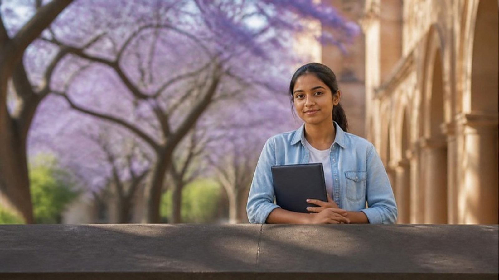 A student in a denim shirt holds a folder on a sandstone Australian university campus under jacaranda trees, planning her Australia February intake from Sri Lanka.