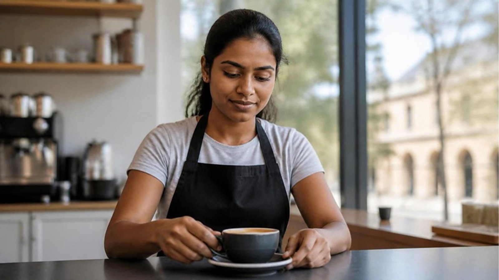 A student in a black apron sets down a coffee cup at a café counter in Australia, working within Australia student visa work hours.